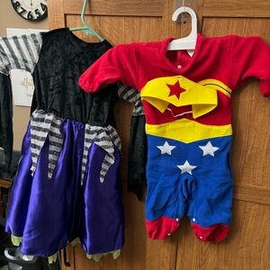 Wonder Woman baby 6-12 mo’s never worn - snaps on legs. Witch with collar 2t